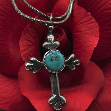 Vintage Navajo Turquoise Sandcast Cross Pendant Necklace