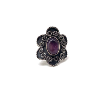 Oxidized Roped Floral Amethyst Ring