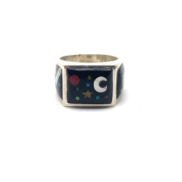 Native Designer Onyx & Mother Of Pearl Inlay Solar System Signed Ring