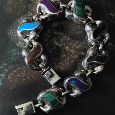 Vintage MEXICO TAXCO Multi Stone Inlay Statement Bracelet