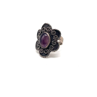 Oxidized Roped Floral Amethyst Ring