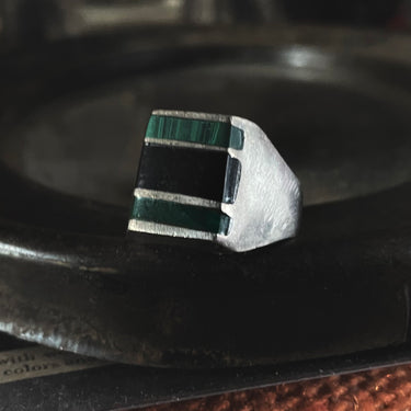 Vintage MEXICO Stamped Malachite & Onyx Statement  Ring