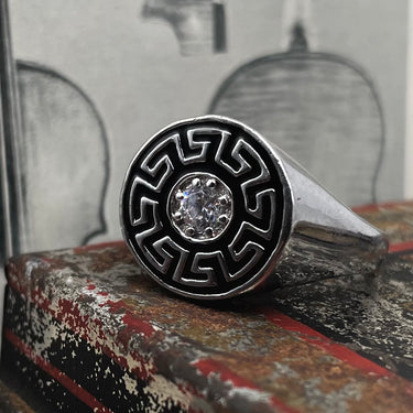 Modern Greek Key Circle C Z Ring