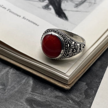 Floral Etched Red Coral Ring