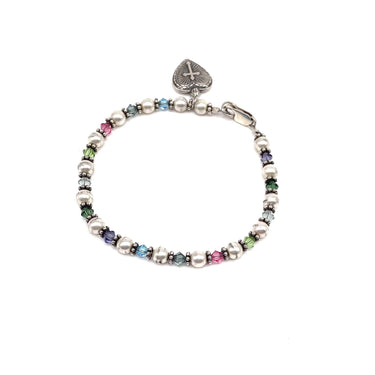 Freshwater Pearl Multi Color Glass Bead Heart Charm Bracelet