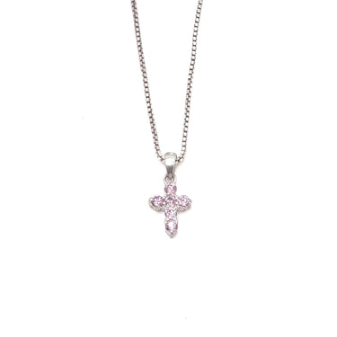Petite Pink C Z Cross Pendant Necklace