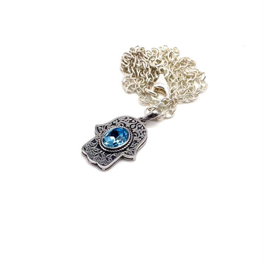 Detailed Aquamarine Hamsa Pendant Necklace