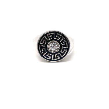 Modern Greek Key Circle C Z Ring