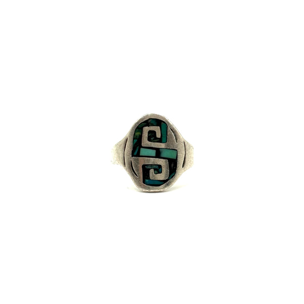 Mexico Stamped Turquoise Inlay “S” Ring