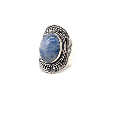 Pebble Trimmed Oval Rainbow Moonstone Ring