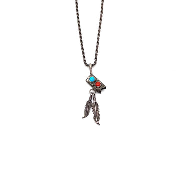 Navajo Double Feather Turquoise & Coral Pendant Necklace