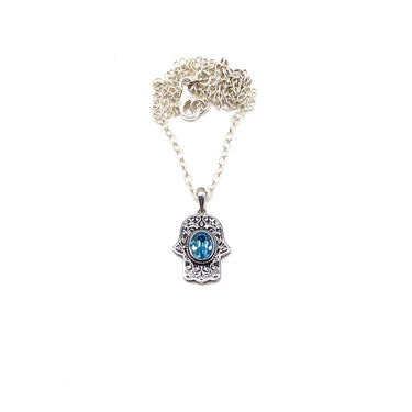 Detailed Aquamarine Hamsa Pendant Necklace